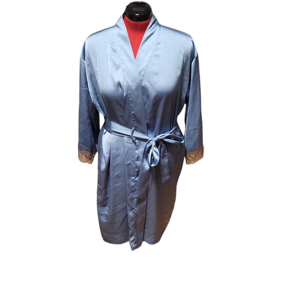 Mystique Intimates silk-like lace blue belted robe, size large